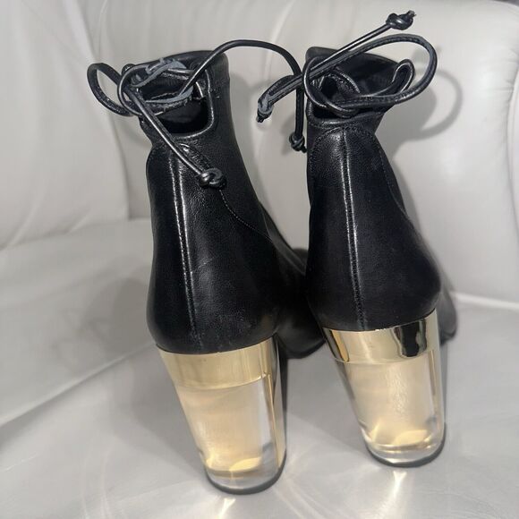 Stuart Weitzman Black Leather Ankle Boot Lucite Gold Block Heels Tie Back Size 9 - Picture 5 of 9